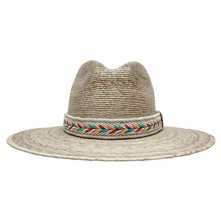 Bisbee | Womens Wide Brim Straw Hat brings a touch of vibrant style to sun protection. Crafted from durable Mexican palm, this safari hat features a woven jute band with colorful accents and a concho, making it perfect for women seeking both style and function. Material: Midweight Mexican Palm Shape: Fedora Trim: Braided Woven Jute Band with Brass Concho Brim Size: 3 1/2" Crown Height: 3 3/4" Sweatband: Elastic Sweatband Imported White Woven Hat Bands For Summer, Adjustable One Size Summer Sun Hat, Summer Beach Hat Bands, Cream Hat Bands For Summer Vacation, Bohemian Adjustable Sun Hat For Garden Party, Adjustable Straw Hat With Upf 50+ For Garden Party, Cream Toquilla Straw Hat For Summer, Summer Cream Hat Band For Vacation, Adjustable Bohemian Sun Hat For Garden Party