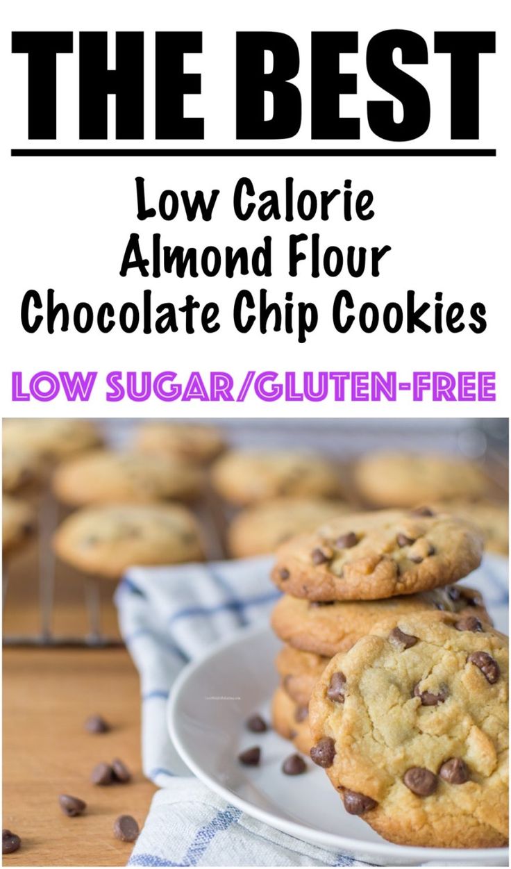 the best low calorie almond floured chocolate chip cookies on a white plate