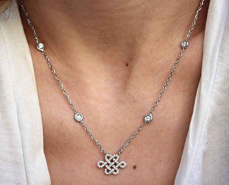 Tibetan Endless Love Knot Diamond by the yard Necklace  #jewelry #diamond #sillyshiny #gold #unique #engagement #uniquerings #sillyshinydiamonds #rings Diamond By The Yard, Tibetan Necklace, Necklace White Gold, Lucky Charm Necklace, White Gold Pendant Necklace, Pendant Diamond, Necklace Love, White Gold Pendant, Elephant Necklace