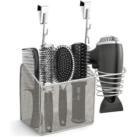 a hair dryer and combs in a holder on a white background with clippings