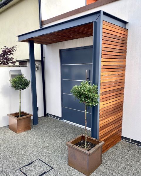 two potted trees in front of a blue door