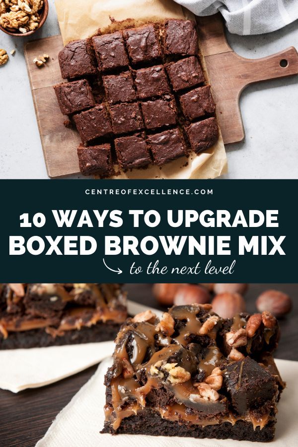 chocolate brownie with caramel drizzle on top and the title overlay reads 10 ways to upgrade boxed brownie mix as the next level