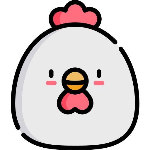 a white and pink chicken with a red comb on it's head, looking to the side