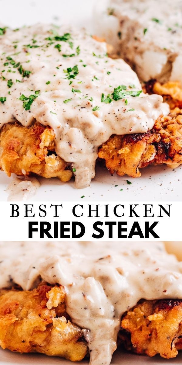 the best chicken fried steak is served with gravy and ranch dressing on top