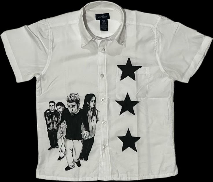 Star Button Up Shirt, Painted White Button Up Shirt, Things To Draw On A Shirt, Button Up Design, Grunge Button Up, Alt Button Up Shirt Outfit, Diy Band Shirt Ideas, Interesting Shirt Designs, Diy White Shirt Ideas