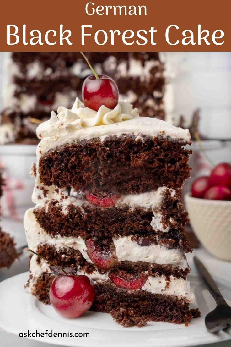 a slice of german black forest cake on a plate