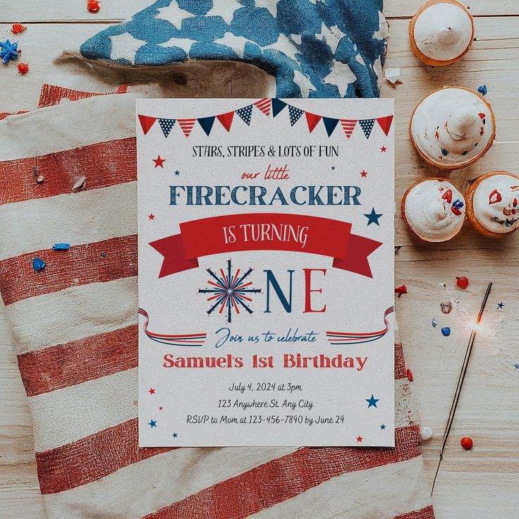 a firecracker is turning one on an american flag themed birthday party with confetti and sprinkles