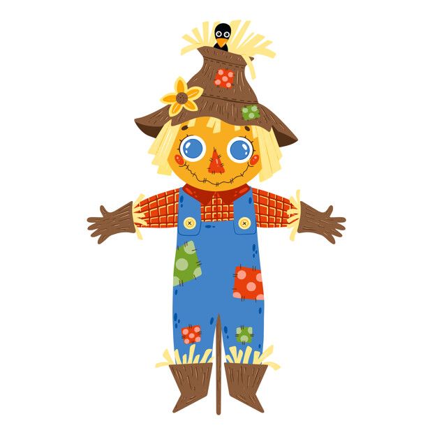 a scarecrow with blue overalls and a flower in his hair is standing on one leg