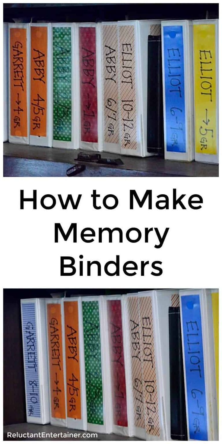 two rows of books with the words how to make memory binders written on them