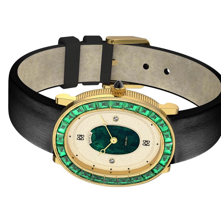 Radiating sophistication, this watch boasts an elliptical silhouette adorned with a circle of enchanting green Trapezoid Cut laboratory-grown gemstones, framed by a luxurious gold-plated stainless steel case. Paired with a black vertical-striped leather strap, its dial captures attention with two sparkling laboratory-grown diamonds amidst a captivating interplay of light on an intricate light gold texture and a mesmerizing green marble pattern. Case: 24mm steel case with polished and satin finis Formal Green Watches With Diamond Hour Markers, Formal Green Diamond Watch With Round Dial, Oval Yellow Gold Watch As Gift, Oval Diamond Watch For Formal Occasions, Yellow Gold Oval Watch For Gift, Oval Quartz Watch For Formal Occasions, Luxury Oval Tsavorite Jewelry, Oval Yellow Gold Watches For Gifts, Formal Oval Diamond Watch