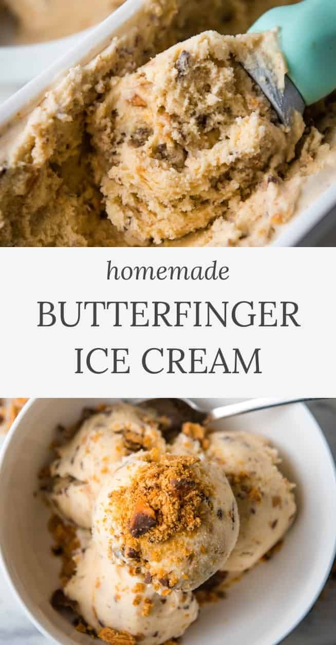 homemade butterfingerer ice cream in a white bowl