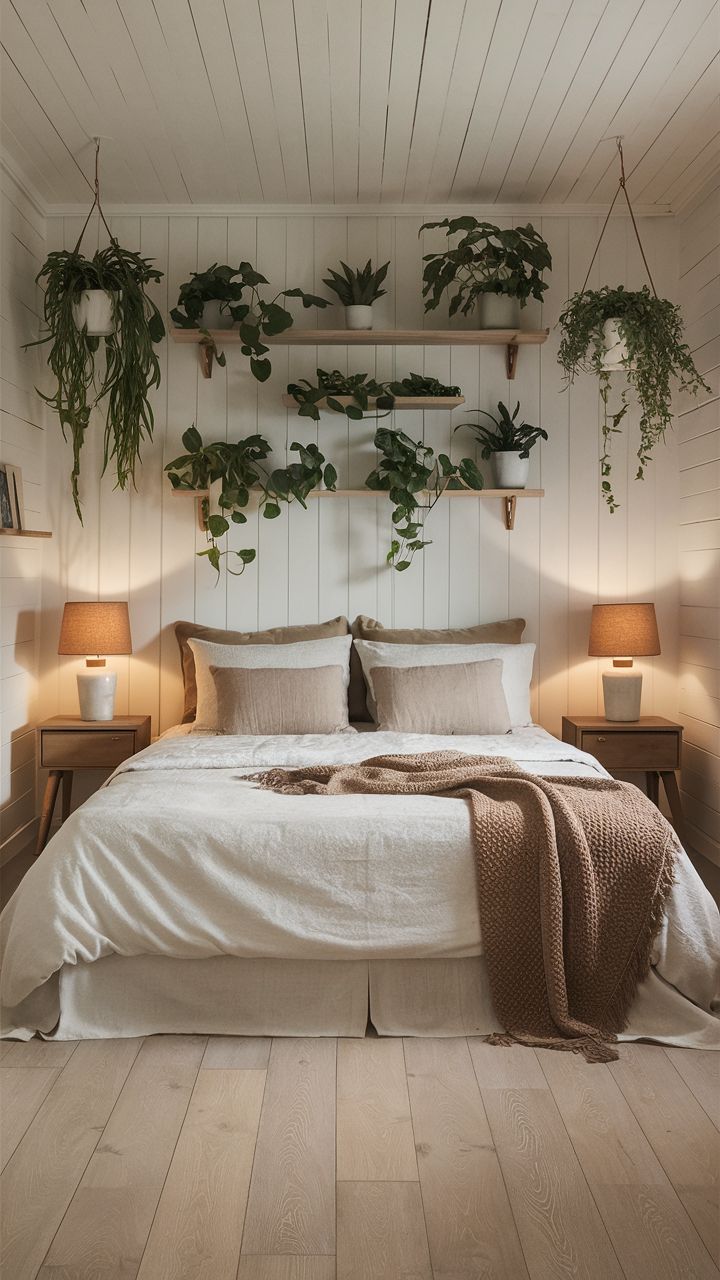 a bed with white sheets, pillows and plants on the wall above it in a bedroom