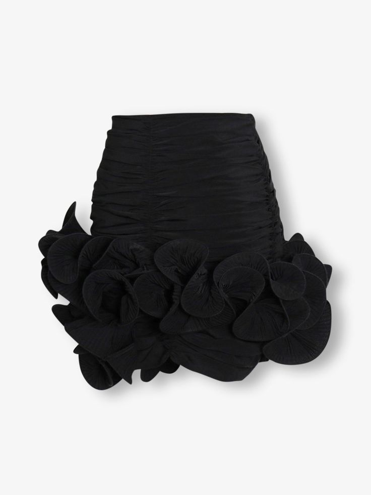 Introducing the downtown skirt, cut from luxurious crepe fabric. Featuring spliced folds, a high waist, and a slimming fit. Elegant and designed to sculpt an hourglass shape. Luxury Voluminous Flared Mini Skirt, Black Ruched Bottoms For Evening, Elegant Ruched Skirt For Date Night, Chic Black Draped Skirt With Ruched Detail, Chic Black Ruched Draped Skirt, Chic Evening Draped Pencil Skirt, Evening Ruched Asymmetrical Skirt, Evening Asymmetrical Ruched Skirt, Elegant Ruched Bottoms For Date Night