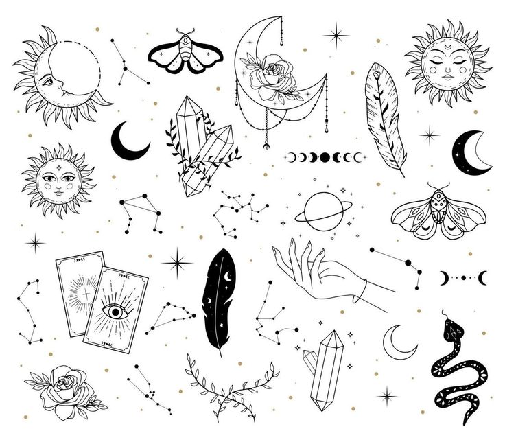 the sun, moon and other symbols are drawn in black ink on a white background