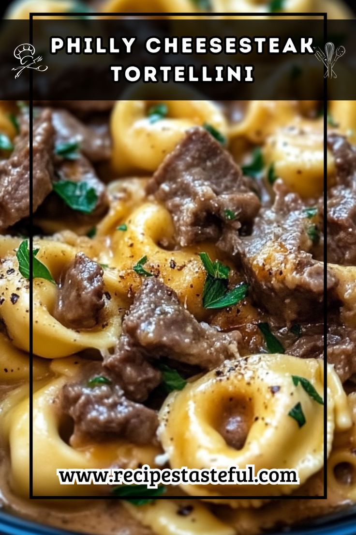 a blue plate topped with pasta covered in beef and cheese sauce next to a green leafy garnish