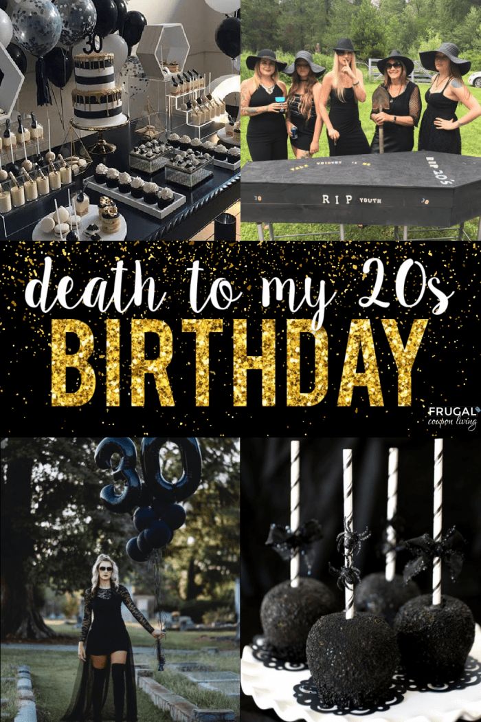 a birthday party with black and gold decorations, balloons, candles and cake for someone's 20th birthday