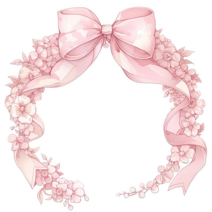 a pink ribbon with flowers and leaves around it on a white background, in the shape of a wreath