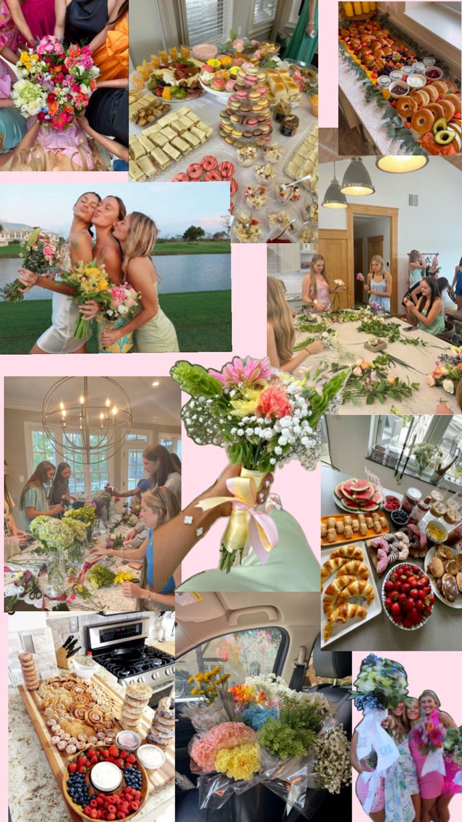 a collage of photos with people and food on them, including flowers in vases