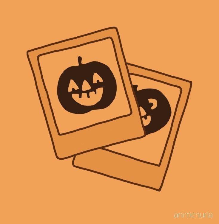 two jack - o'- lanterns sitting on top of each other in front of an orange background