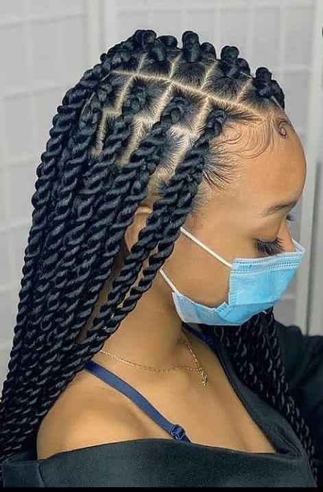 Learn how to do long twists on your own hair by visiting my channel. 😍😍 Twist With Cornrow Styles, Cute Twist Braids Hairstyles, Twisted Box Braids Hairstyles, Big Long Twist Braids, New Hair Braids Styles, Box Twist Braids Black Women, Twists Long Braids, Big Twisting Braids, Black Hairstyles Twist Braids