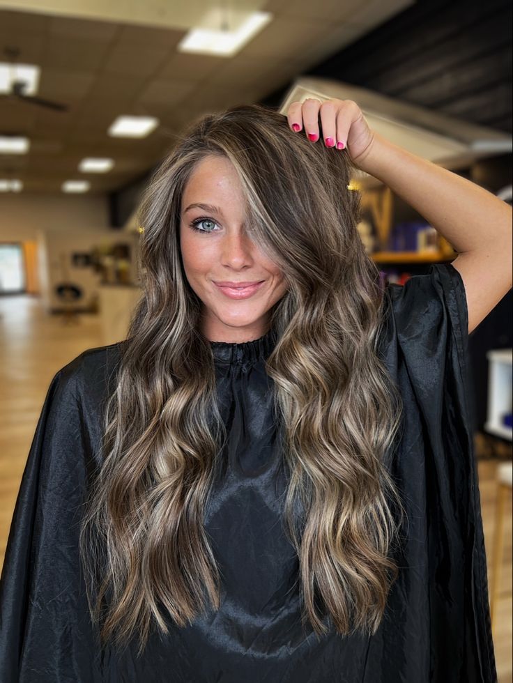 Ash Tone Hair Brown, Dark Hair Color With Highlights Ideas, Dark With Ashy Highlights, Partial Balayage For Light Brown Hair, Blonde To Dimensional Brunette, Dark Brown Eye Hair Color Ideas, Full Lowlights For Brunettes, Ashy Teasy Lights, Light Brunette Dimensional Hair