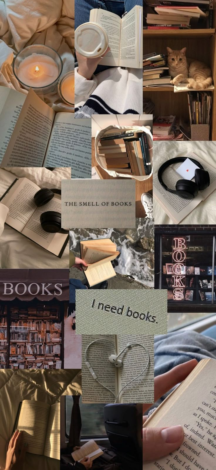 the collage shows many different books, including one that is open and two are closed