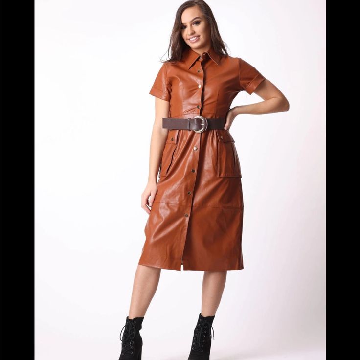 Brown Faux Leather Zara Midi Dress. Belted. Front Snap. Front Pockets. Nwot. Short Sleeve. Brown Leather Dress For Night Out, Chic Brown Faux Leather Dress, Brown Faux Leather Mini Dress For Spring, Spring Faux Leather Belted Dress, Brown Short Sleeve Midi Dress For Fall, Knee-length Faux Leather Dress For Date Night, Brown Short Sleeve Dress For Night Out, Brown Fitted Faux Leather Dress, Fitted Brown Faux Leather Dress