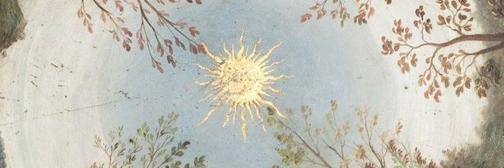 an artistic painting with trees and sun in the sky above it, painted on a wall