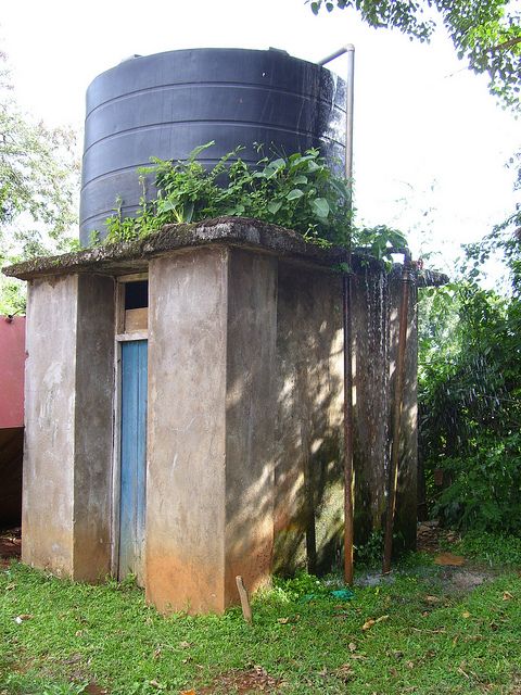 an old outhouse with a water tank on the roof and plants growing over it