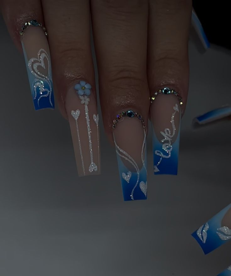 Cute Long Nails Ideas Simple, Blue Nail Designs With Charms, Blue Birthday Nail Designs, Blue White And Silver Nails, Quartz Nails, Girly Acrylic, Blue Acrylic Nails, Fancy Nails Designs, Nails Design With Rhinestones