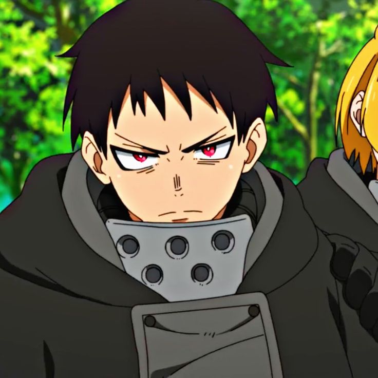 two anime characters one with red eyes and the other with blonde hair wearing black clothes