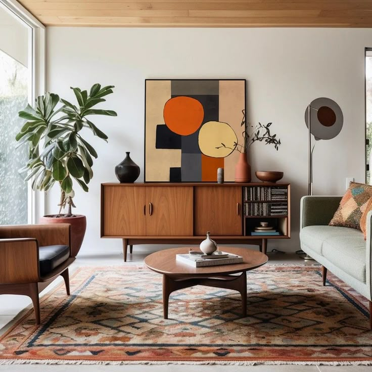 a living room filled with furniture and a large painting on the wall above it's coffee table