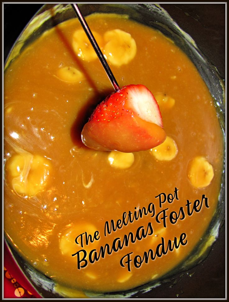 a bowl filled with banana pudding and topped with a strawberries on the top that says, the netting pet bananas fondue