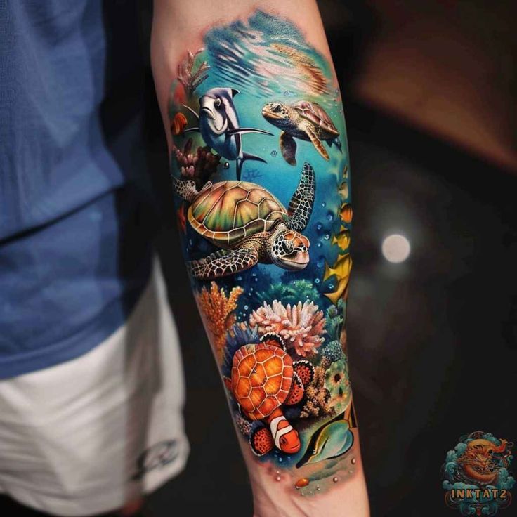 a person with a tattoo on their arm that has sea animals and fish in it