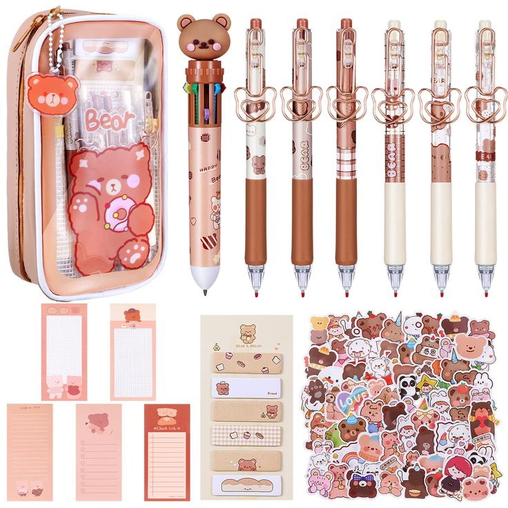 various stationery items including pens, notebooks and stickers are shown in this image