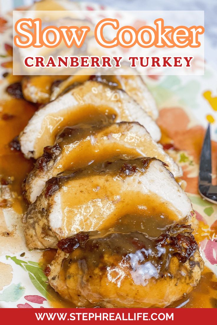 slow cooker cranberry turkey with gravy on the side and text overlay