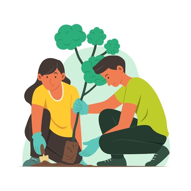 a man and woman are planting broccoli in the garden, flat style illustration