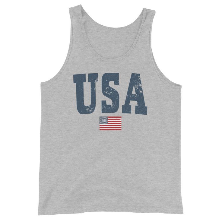 Gear up for summer holidays with our vintage style USA unisex tank -- great for men or women! Graphic is distressed for that instant vintage vibe. Youth sizes here: https://www.etsy.com/listing/1024874437/kids-usa-shirt-retro-usa-t-shirt-youth?ref=shop_home_active_2&pro=1&frs=1 Looking for more 4th of July gear? Check these out: https://www.etsy.com/shop/TheGraphicPeach?ref=seller-platform-mcnav§ion_id=33390667 Our shop uses direct-to-garment printing to make our products. The design ink 4th Of July Cotton Tank Top With Letter Print, Crew Neck Cotton Tank Top For 4th Of July, Casual American Flag Print Sleeveless Tank Top, Summer American Flag Print Tank Top, Casual American Flag Print Tank Top, Patriotic American Flag Tank Top For Summer, Casual 4th Of July Tank Top With Letter Print, American Flag Print Cotton Tank Top For Independence Day, Vintage American Flag Print Summer Top