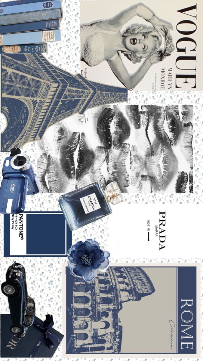 a collage of blue and white items including an umbrella, perfume bottle, books, and other things