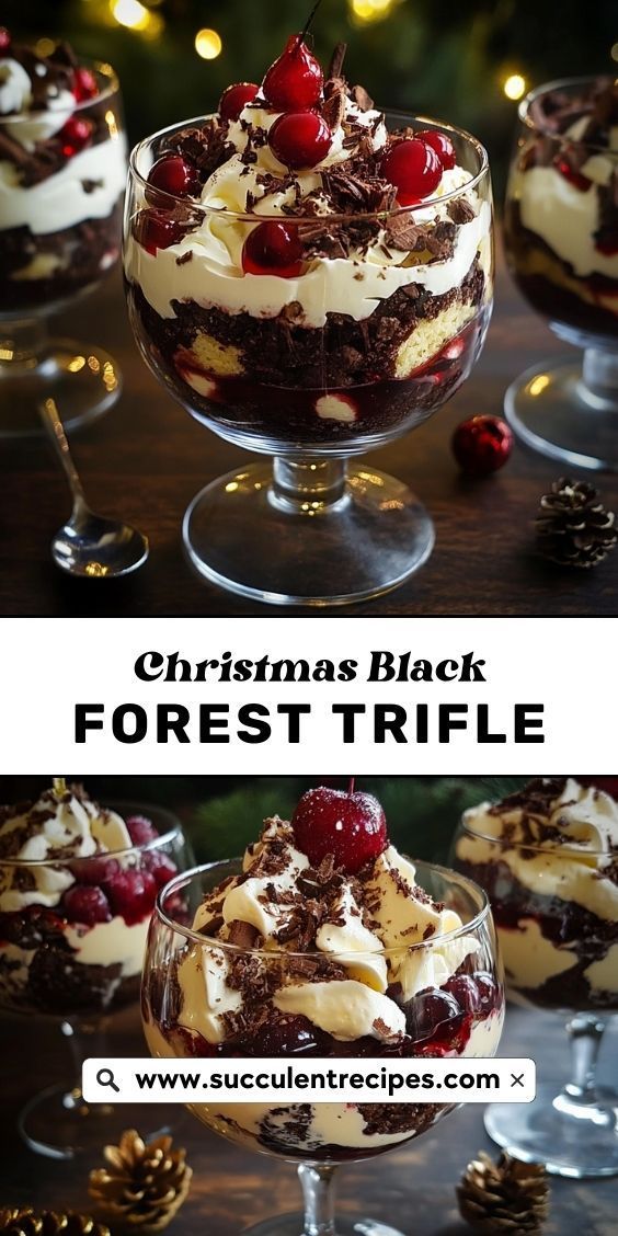 Celebrate the season with a luxurious Black Forest Trifle! Rich chocolate, sweet cherries, and whipped cream come together in this festive dessert that’s sure to be a hit at your Christmas gathering. Christmas Chocolate Trifle, Holiday Trifle Desserts, Chocolate Cherry Trifle, Black Forest Trifle Recipe, Black Forest Trifle, Dessert Spread, Festive Desserts, Trifle Recipe, Christmas Gathering