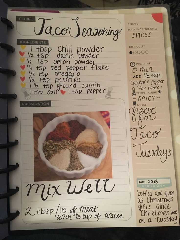 an open recipe book with instructions for how to make taco seasoning