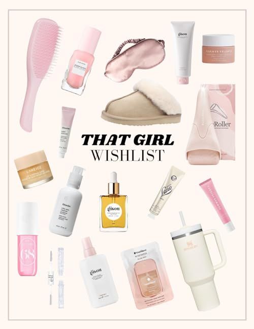 a poster with the words that girl wishlist surrounded by cosmetics and personal care items