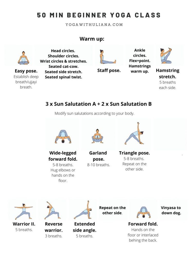 the 30 minute begin yoga class for beginners is shown in this poster, with instructions to