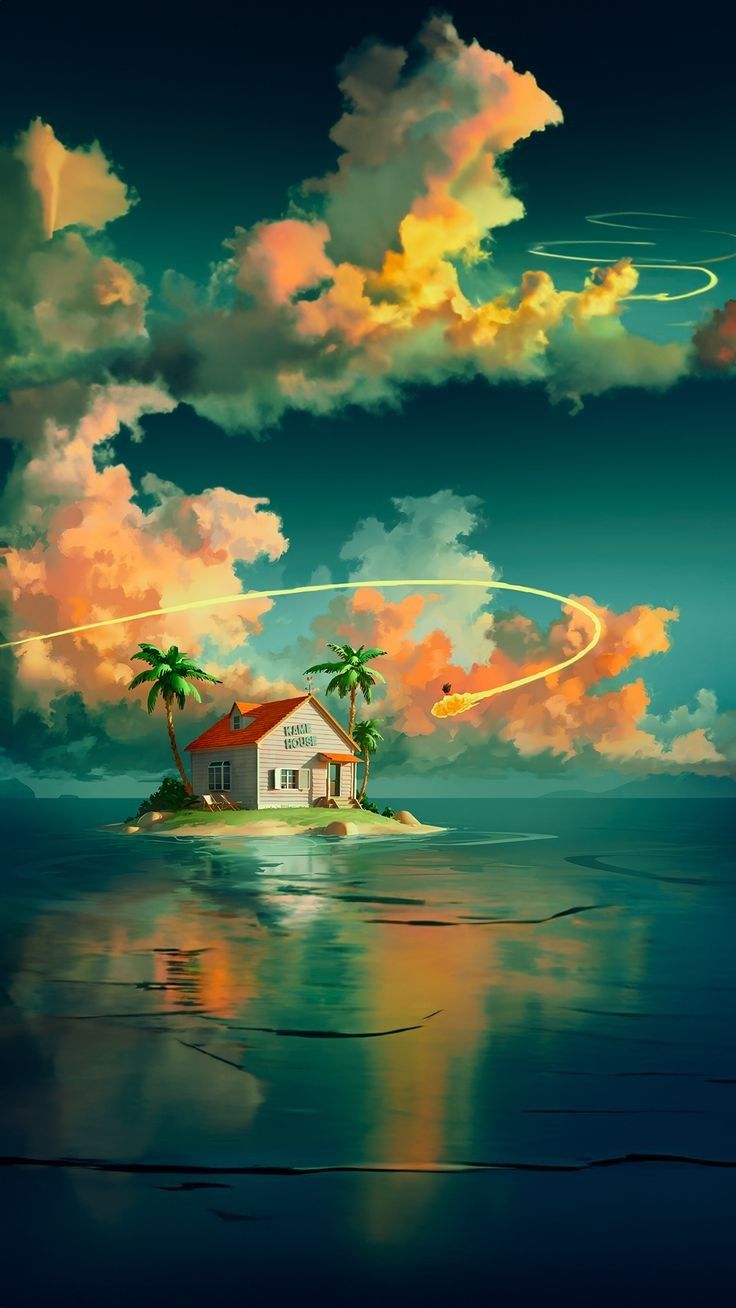 a house on an island in the middle of the ocean surrounded by clouds and palm trees