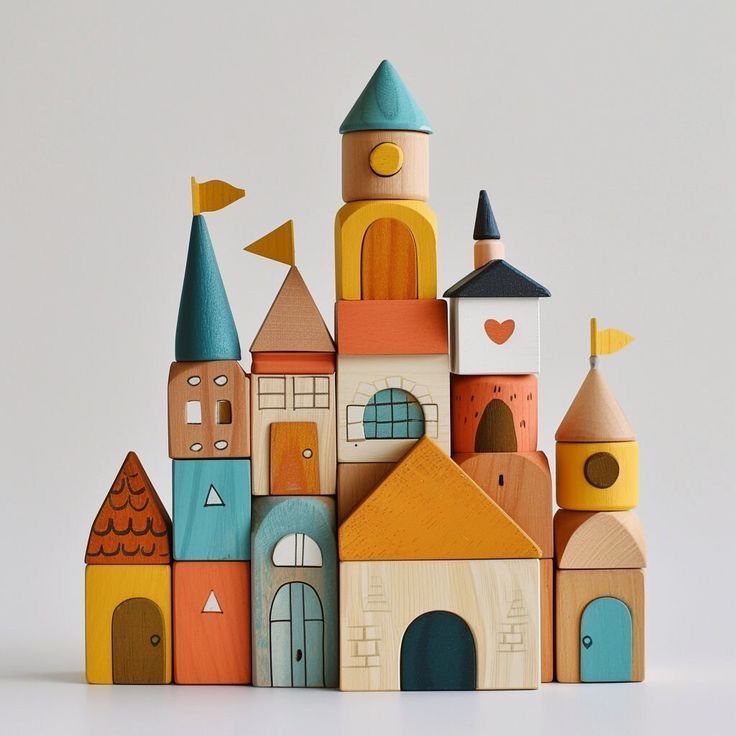 a toy castle made out of wooden blocks on a white surface with an orange, yellow and blue tower