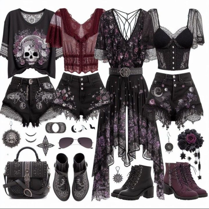 Spidercore Outfits, Gothic Core Outfit, Punk Witch Outfit, Urban Witch Outfit, Dark Hippy Aesthetic, Goth Brunch Outfit, Whimisigothic Clothes, Goth Summer Aesthetic, Gothic Clothing Aesthetic