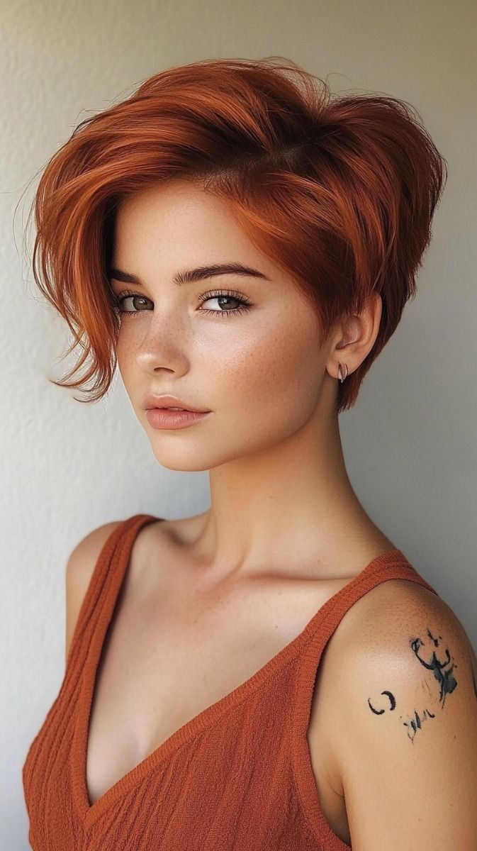 Copper Pixie Cut, Copper Pixie, Cornrow Updo Hairstyles, Short Wavy Hairstyles, Short Red Hair, Copper Hair Color, Wavy Hairstyles, Short Wavy, Trendy Hair