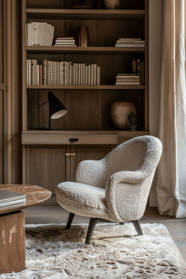 a white chair sitting in front of a book shelf