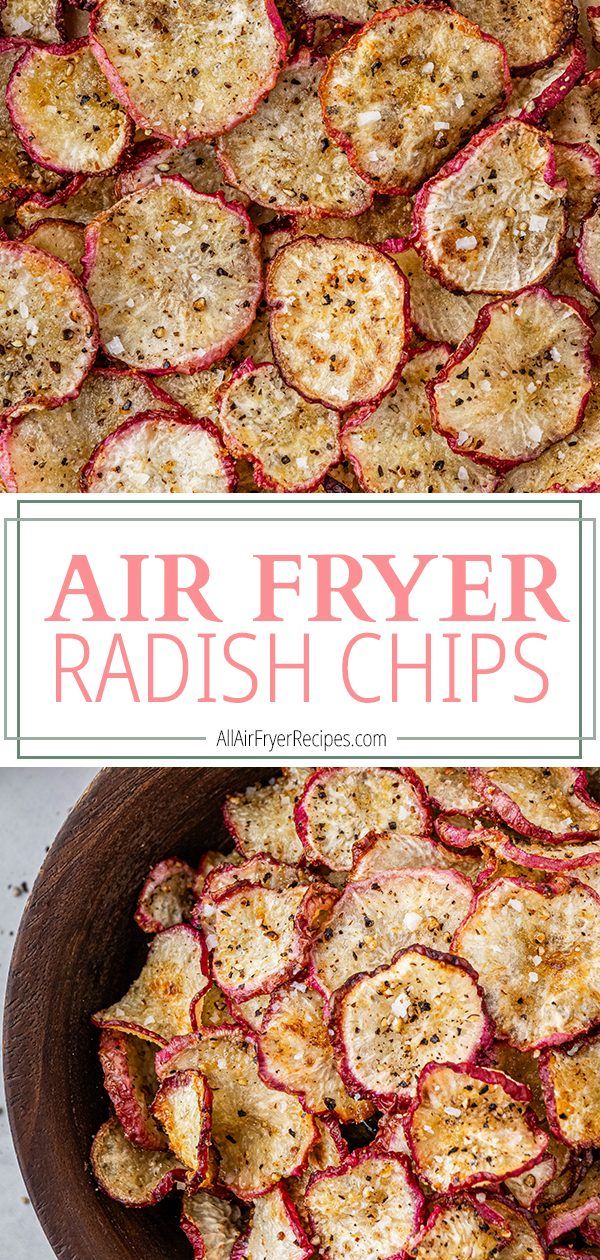 air fryer radish chips in a bowl with the title overlay above it