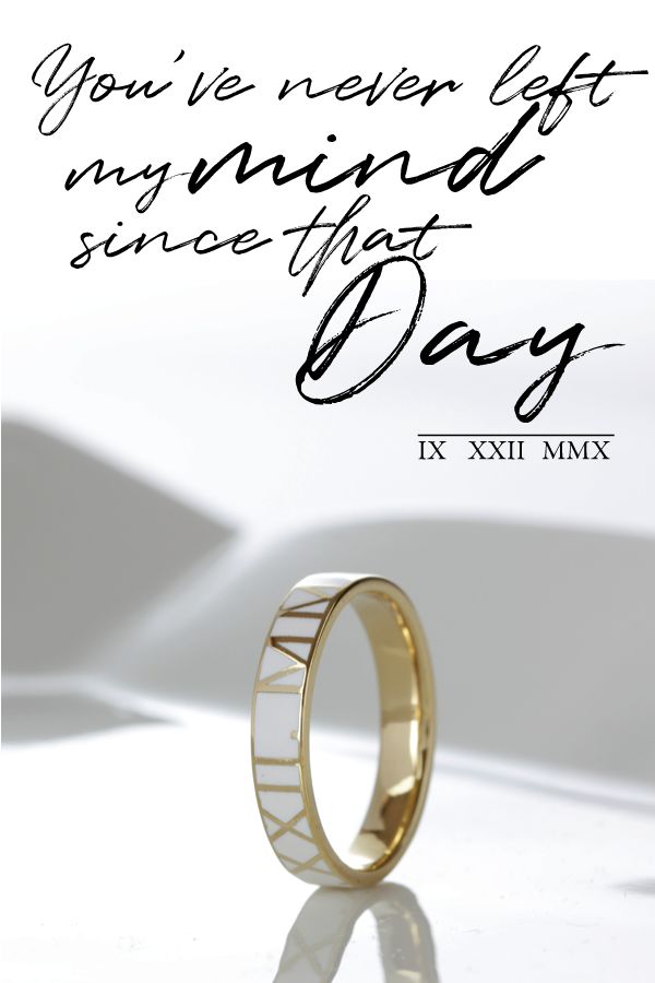 That Day - Personalized gold and enamel text band Elegant White Enamel Ring For Anniversary, Personalized Anniversary Enamel Ring, Personalized Enamel Ring For Anniversary, Personalized Enamel Anniversary Ring, White Luxury Enamel Wedding Ring, White 14k Stamped Engraved Ring Gift, Classic White Engraved Ring With Initials, White 14k Stamped Engraved Ring As A Gift, White Engraved Promise Jewelry